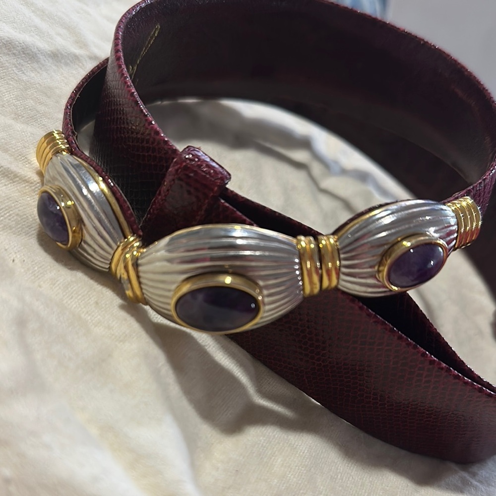 Judith Leiber Elegant Burgundy Belt with Silver and Gold Accents (purple stones)